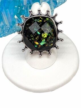 Triplet Fire Opal Ring Size 7.5 925 Sterling Silver Overlay Green Faceted
